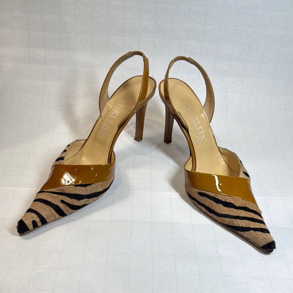 Anne Klein Tan and Black Slingback Heels with Zebra Print